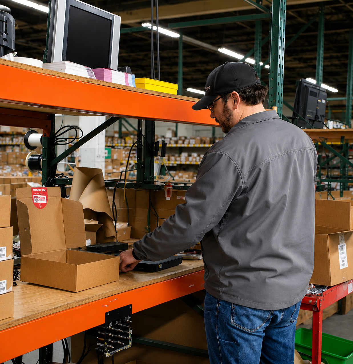Warehouse worker packing components into labeled boxes