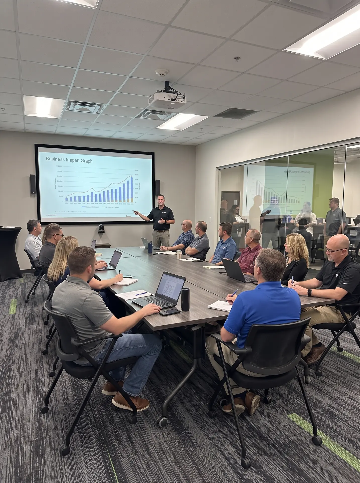 Team seated around a conference table during a presentation