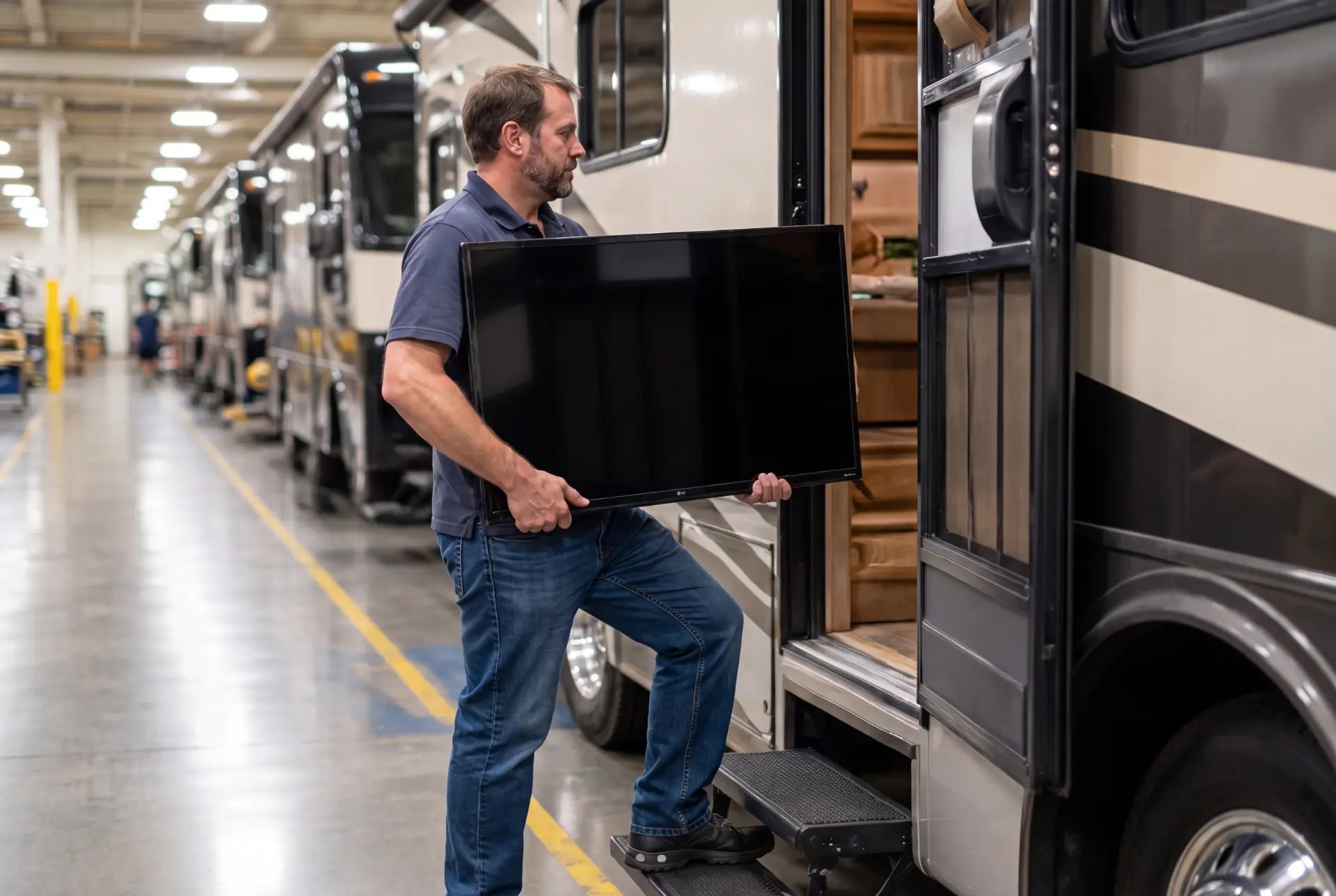 Person carrying a flat-screen television into an RV in a service bay
