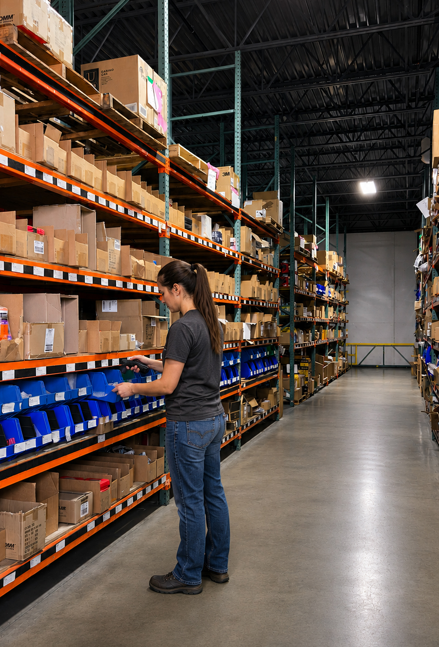 Warehouse worker scanning inventory stored in shelving bins