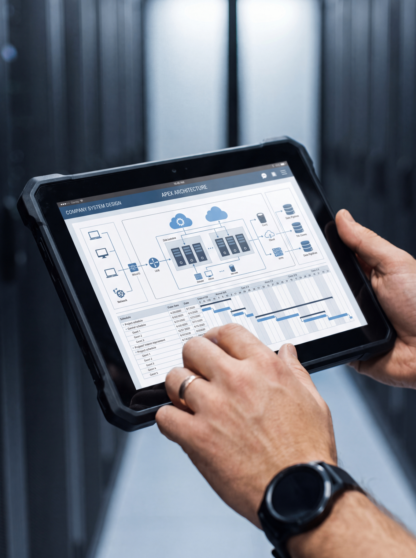Hands holding a rugged tablet displaying a system architecture diagram