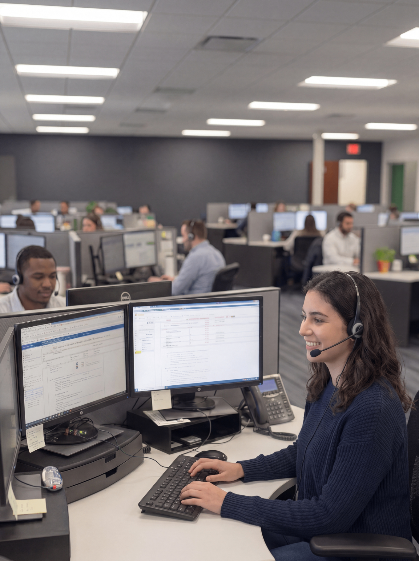 Headset-wearing technical support specialist working at dual monitors